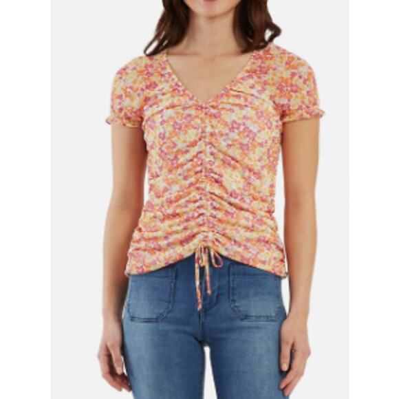 BCX Juniors Summer Blouse Top V-Neck Pink & Organge Floral Size Medium NWT - Picture 1 of 4